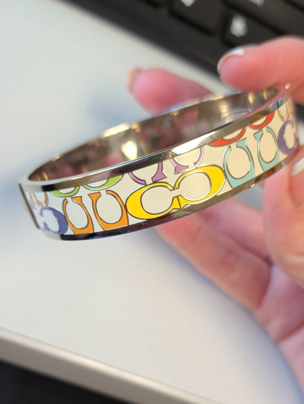 Coach Multicolor Enamel Signature White Silver Rainbow 🌈 Bangle - Picture 8 of 8